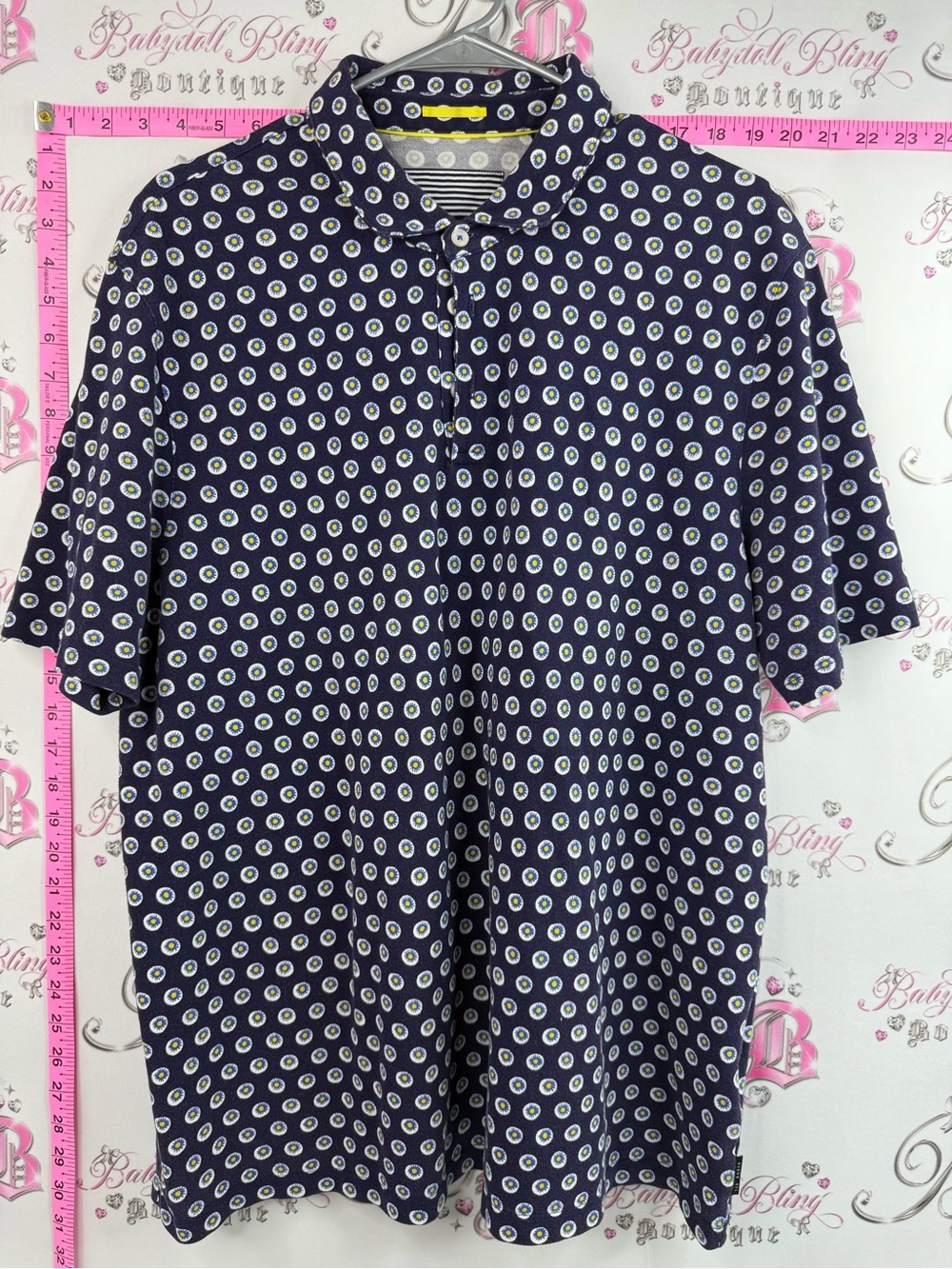 Ted Baker London Navy Polo with White & yellow Dot Motif button up